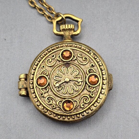 VTG Mary Chess Perfume Locket Necklace 23" Gold Tone Ornate Rhinestones 1960s - Picture 3 of 12